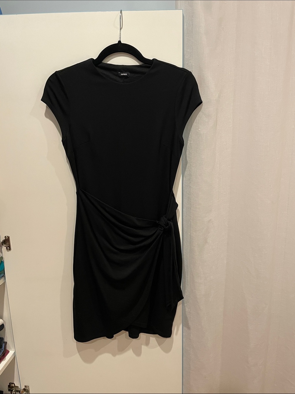 Express Black Cap-Sleeve Knot-Detail Mini Dress